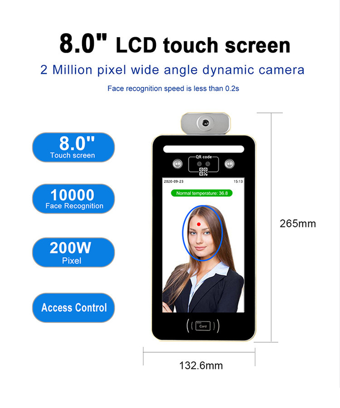 8 inç LCD Yüz Okuma Biyometrik Makine Sıcaklığı 512M DDR3 DC12V 2A